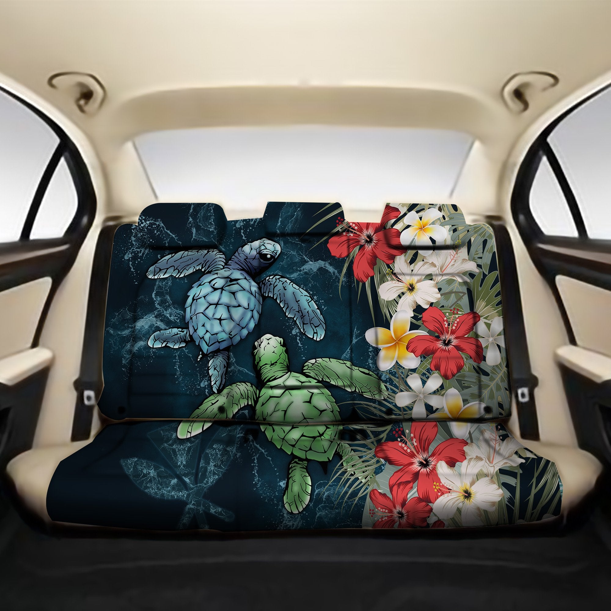 Kanaka Maoli (Hawaiian) Back Car Seat Covers - Sea Turtle Tropical Hibiscus And Plumeria Back Car Seat Covers One Size Blue - Polynesian Pride
