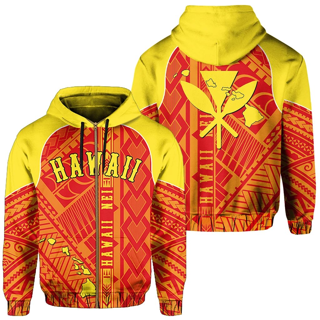 Hawaii Nei Hoodie Zip up Polynesian Red and Yellow Unisex Blue - Polynesian Pride