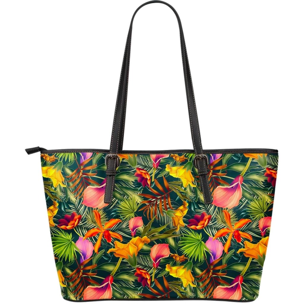 Hawaii Seamless Tropical Flower Plant And Leaf Pattern Large Leather Tote Green - Polynesian Pride