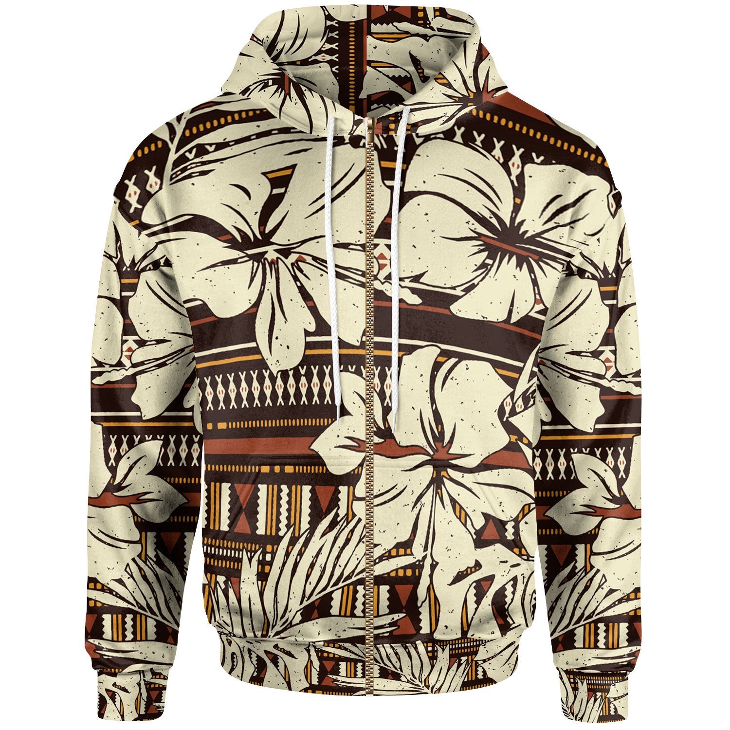 Polynesian Hoodie Hibiscus Flower Tribal Fabric Wallpaper Unisex Vintage Color - Polynesian Pride