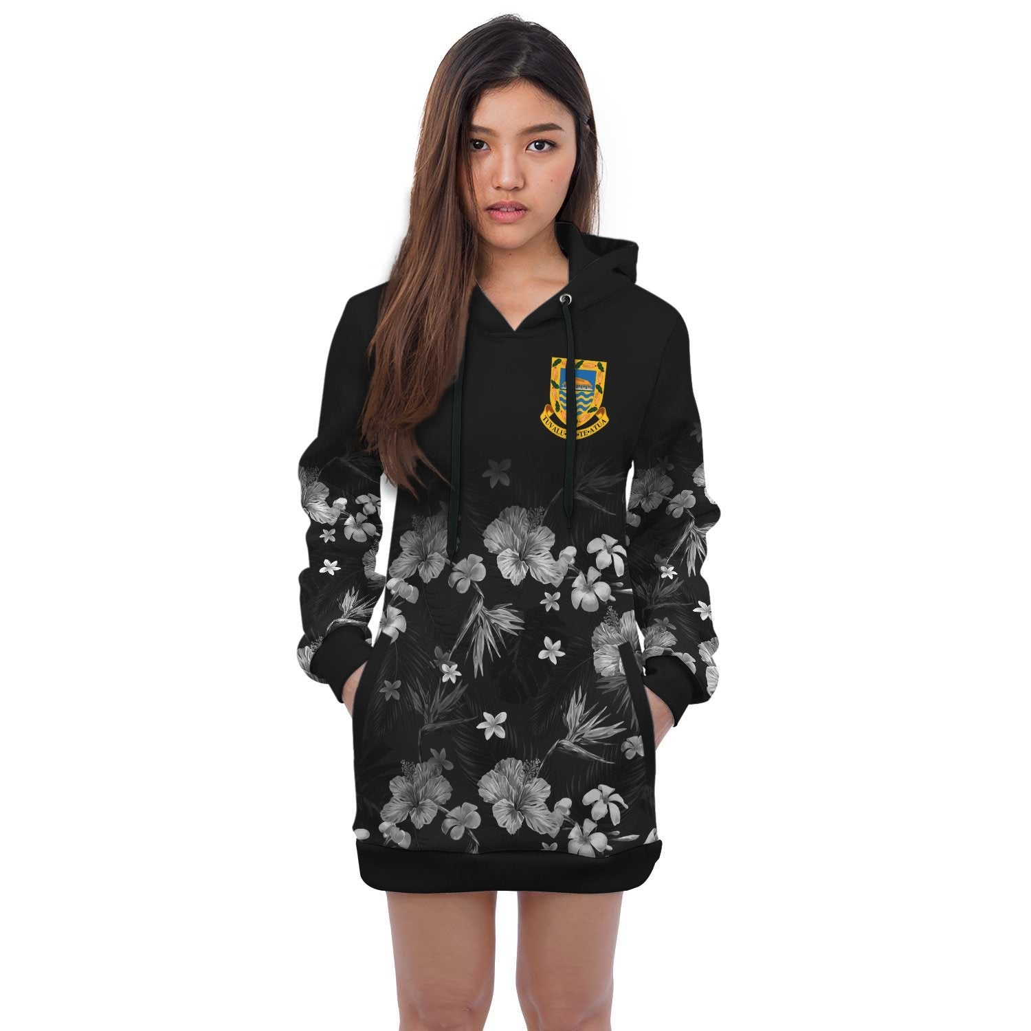 Tuvalu Hoodie Dress - Tuvalu Coat Of Arms Hibiscus Special Black - Polynesian Pride