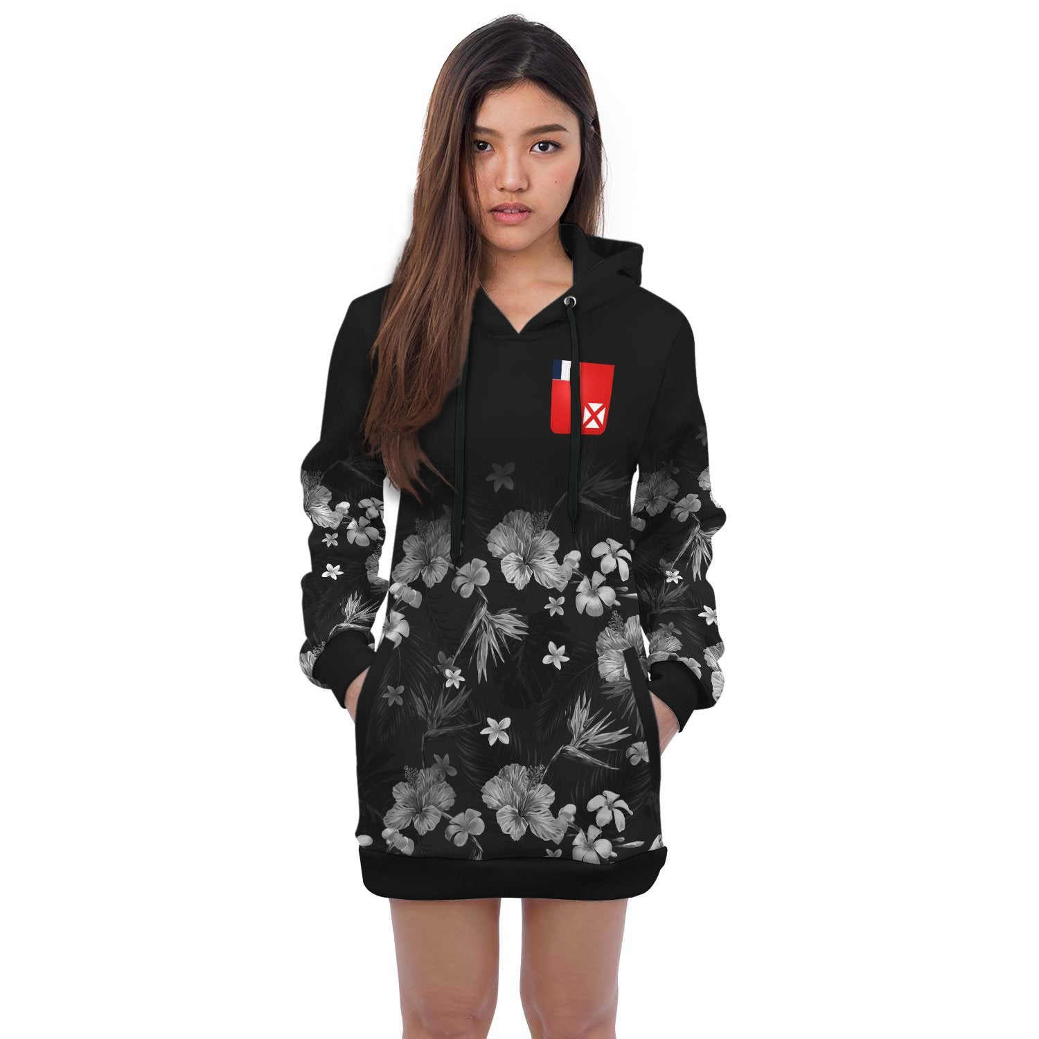 Wallis and Futuna Hoodie Dress - Wallis and Futuna Coat Of Arms Hibiscus Special Black - Polynesian Pride