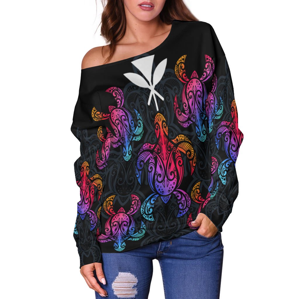 Hawaii Women's Off Shoulder Sweaters - Sea Turtle In Tribal Polynesian Style - Polynesian Pride