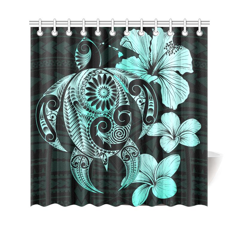 Hibiscus Plumeria Mix Polynesian Turquoise Turtle Shower Curtain 177 x 172 (cm) Turquoise - Polynesian Pride