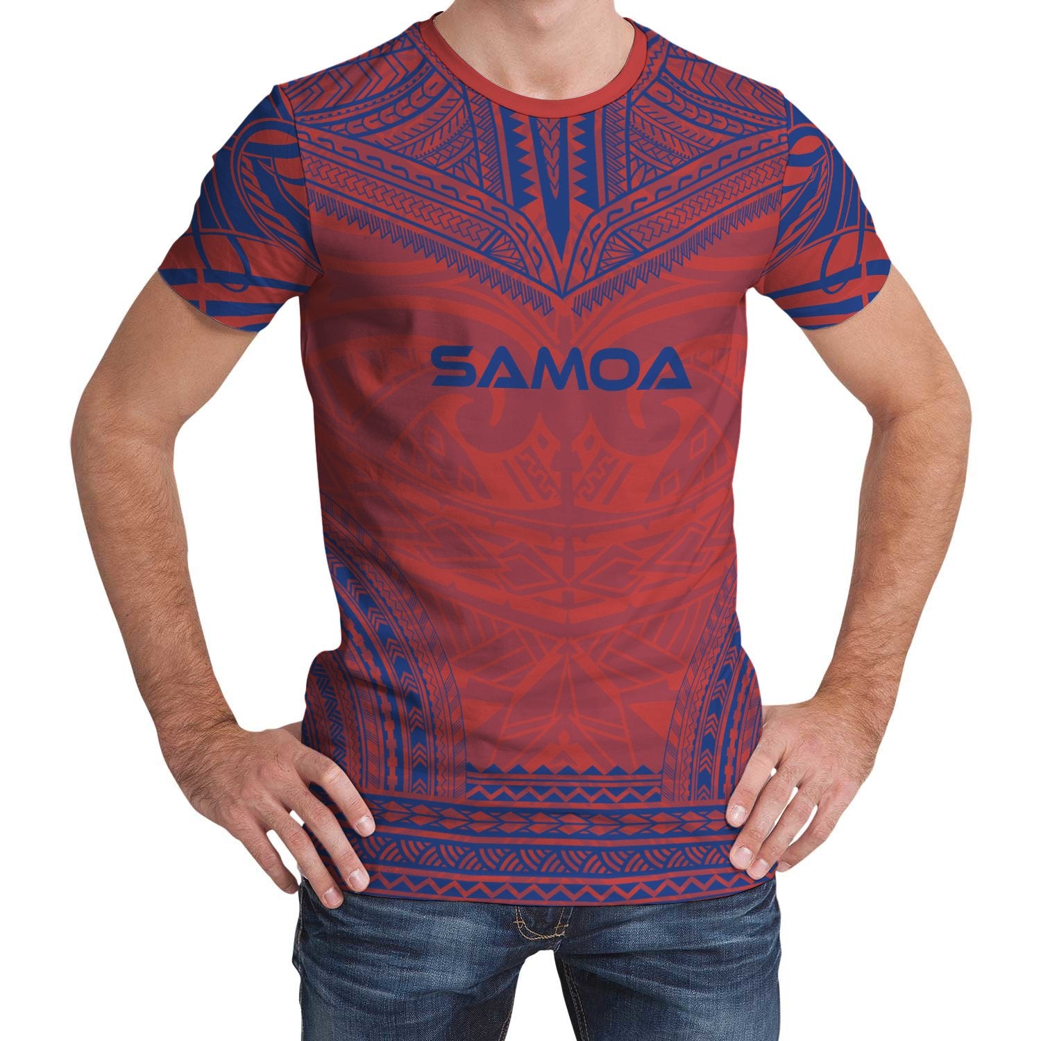 Samoa T Shirt Samoan Polynesian Chief Blue Red Version Unisex Red - Polynesian Pride