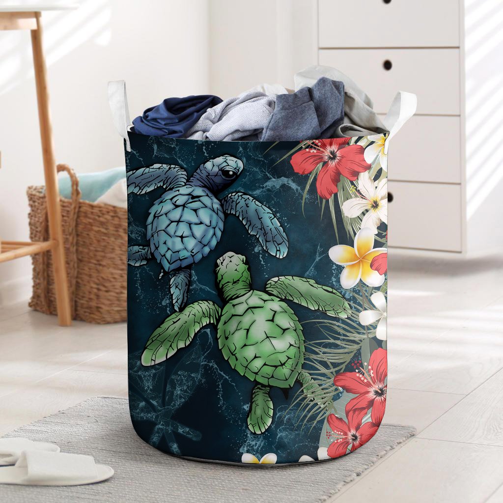 Kanaka Maoli (Hawaiian) Laundry Basket - Sea Turtle Tropical Hibiscus And Plumeria Personal Signature Laundry Basket One Size Blue - Polynesian Pride