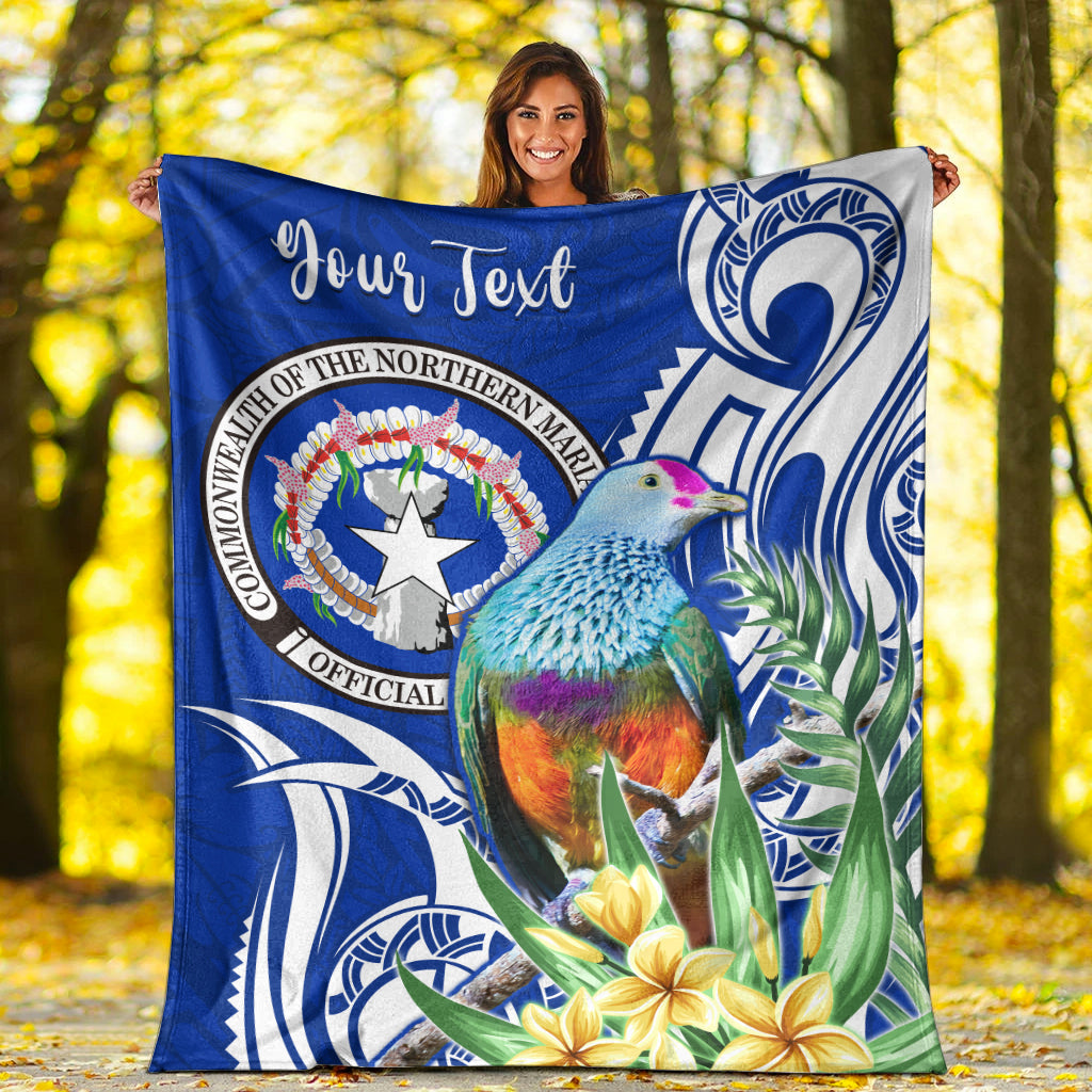 (Custom Personalised) Northern Mariana Islands Premium Blanket Mariana Fruit Dove Mix Frangipani Flowers Blue LT13 White - Polynesian Pride