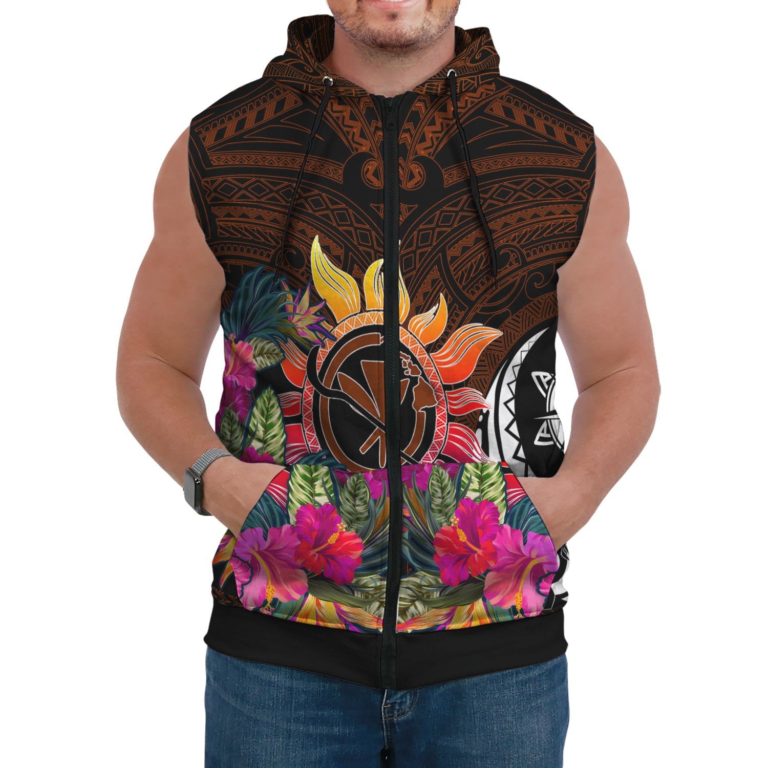 Polynesian Sleeveless Hoodie Hawaii Kanaka Maoli & Hibiscus Flowers With Polynesian Patterns Unisex Brown - Polynesian Pride