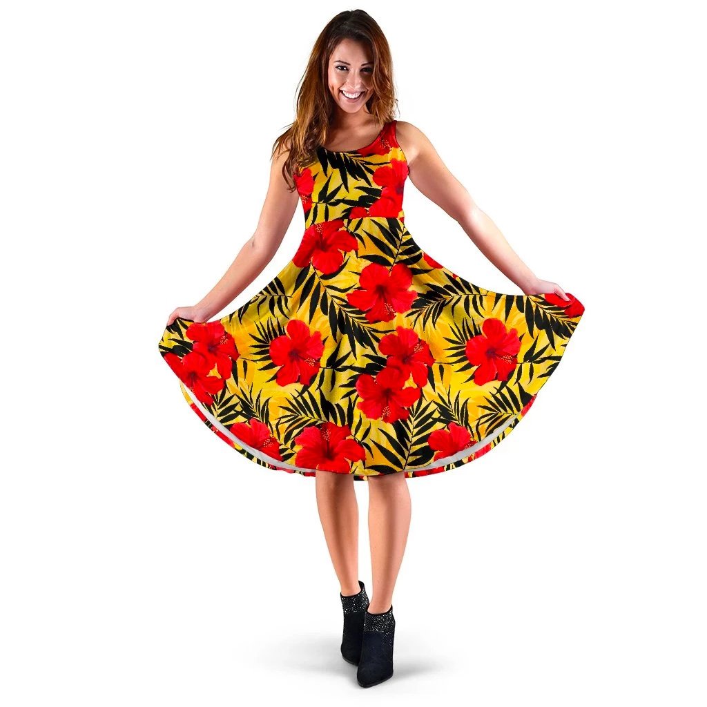 Hawaii Tropical Flowers And Palm Leaves Midi Dress Midi Dress Red - Polynesian Pride