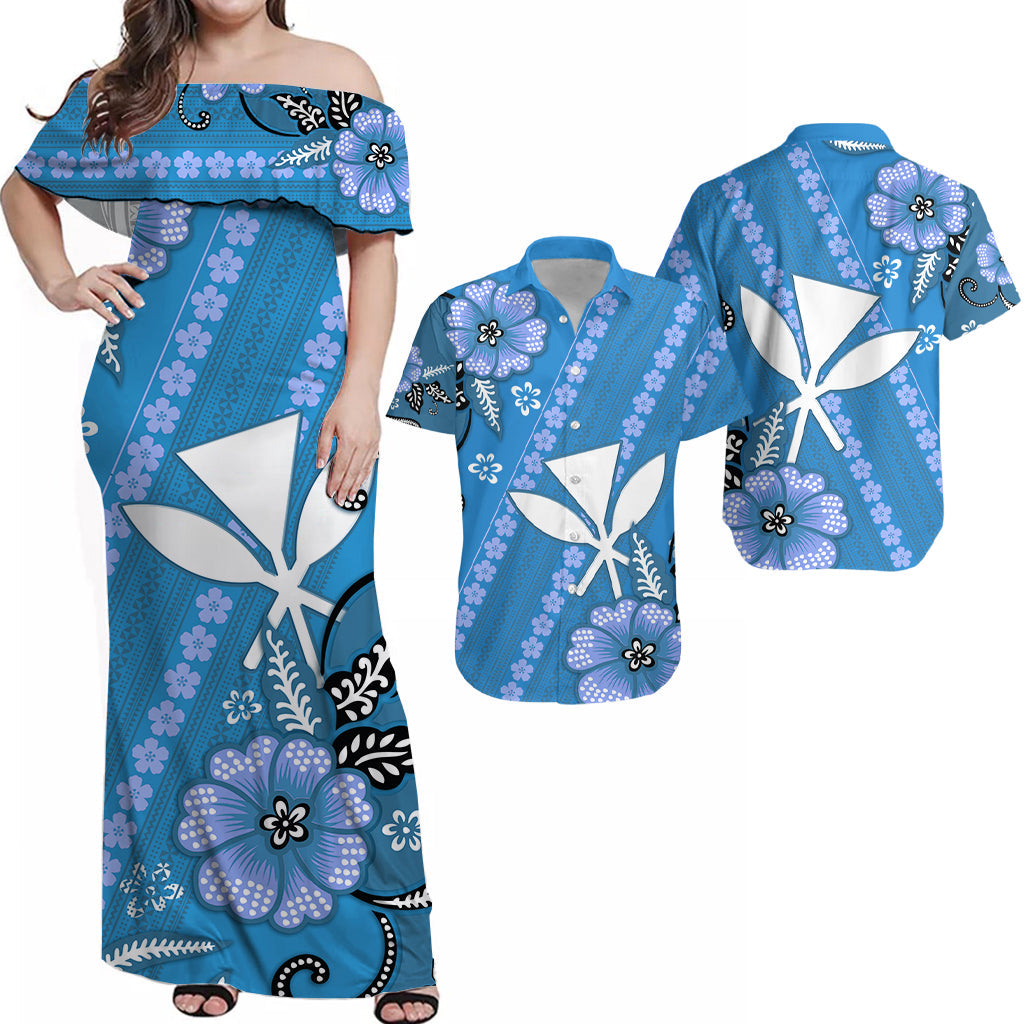 Polynesian Couple Outfits Polynesian Matching Dress and Hawaiian Shirt Hawaii Kanaka with Batik Flower Ver.01 LT13 Blue - Polynesian Pride