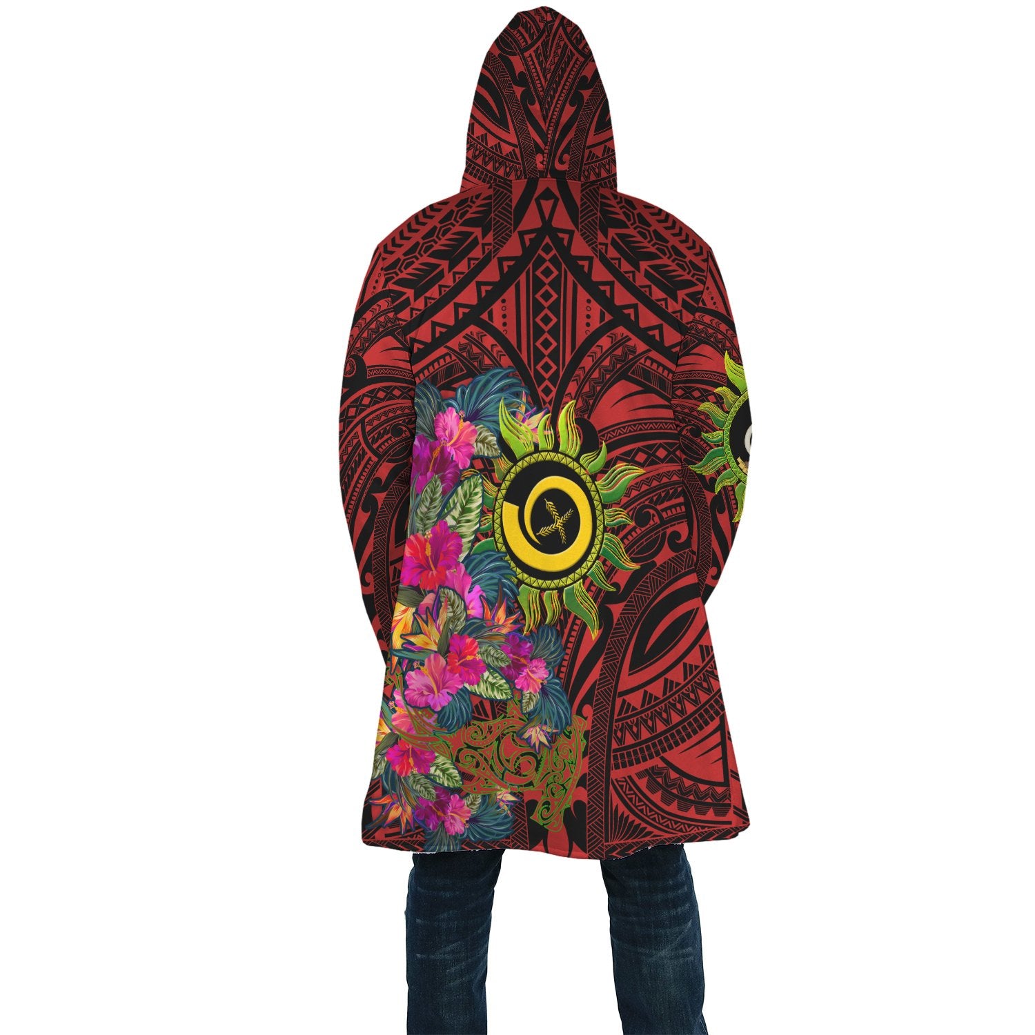 Polynesian Cloak - Vanuatu Symbols With Hibiscus Unisex Red - Polynesian Pride