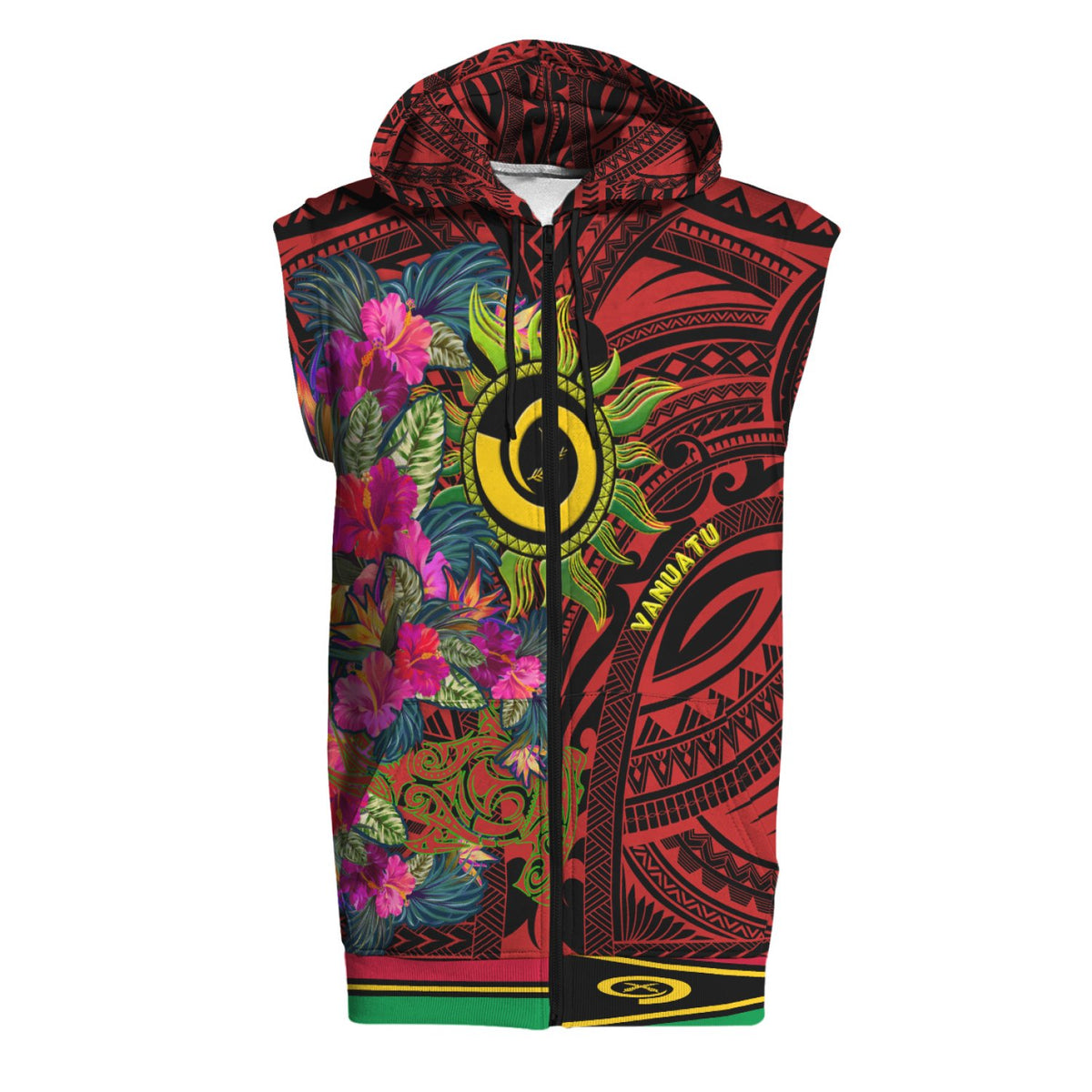 Polynesian Sleeveless Hoodie Vanuatu Symbols With Hibiscus - Polynesian Pride