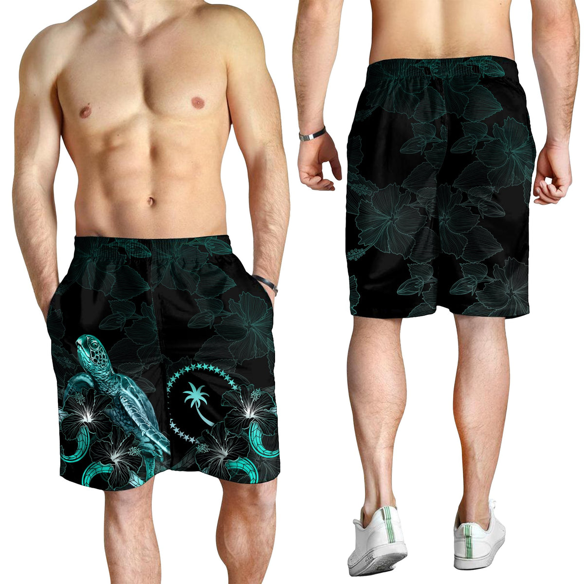Chuuk Polynesian Men's Shorts - Turtle With Blooming Hibiscus Turquoise - Polynesian Pride