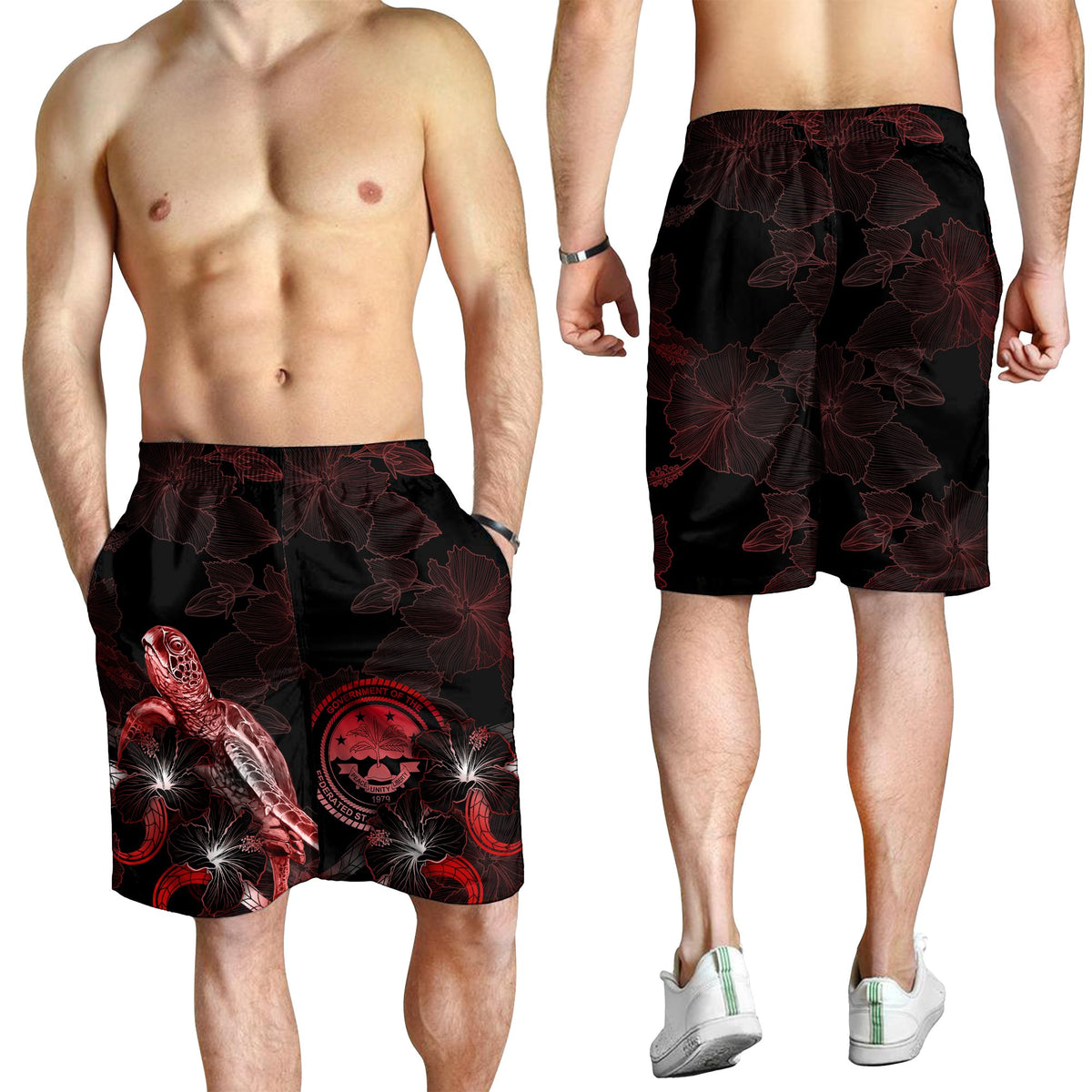 Federated States of Micronesia Polynesian Men's Shorts - Turtle With Blooming Hibiscus Red - Polynesian Pride