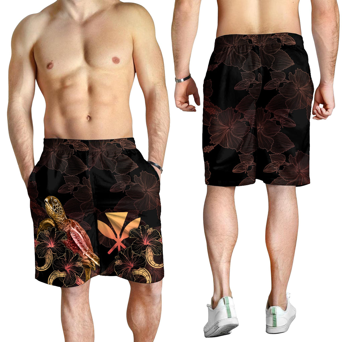 Hawaii Polynesian Men's Shorts - Turtle With Blooming Hibiscus Gold - Polynesian Pride