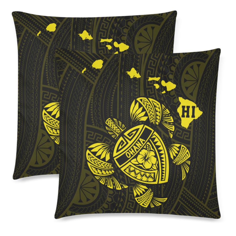 Hawaiian Map Turtle Ohana Hibiscus Kakau Polynesian Pillow Cover - Yellow One Size Zippered Pillow Cases 18"x 18" (Twin Sides) (Set of 2) Yellow - Polynesian Pride