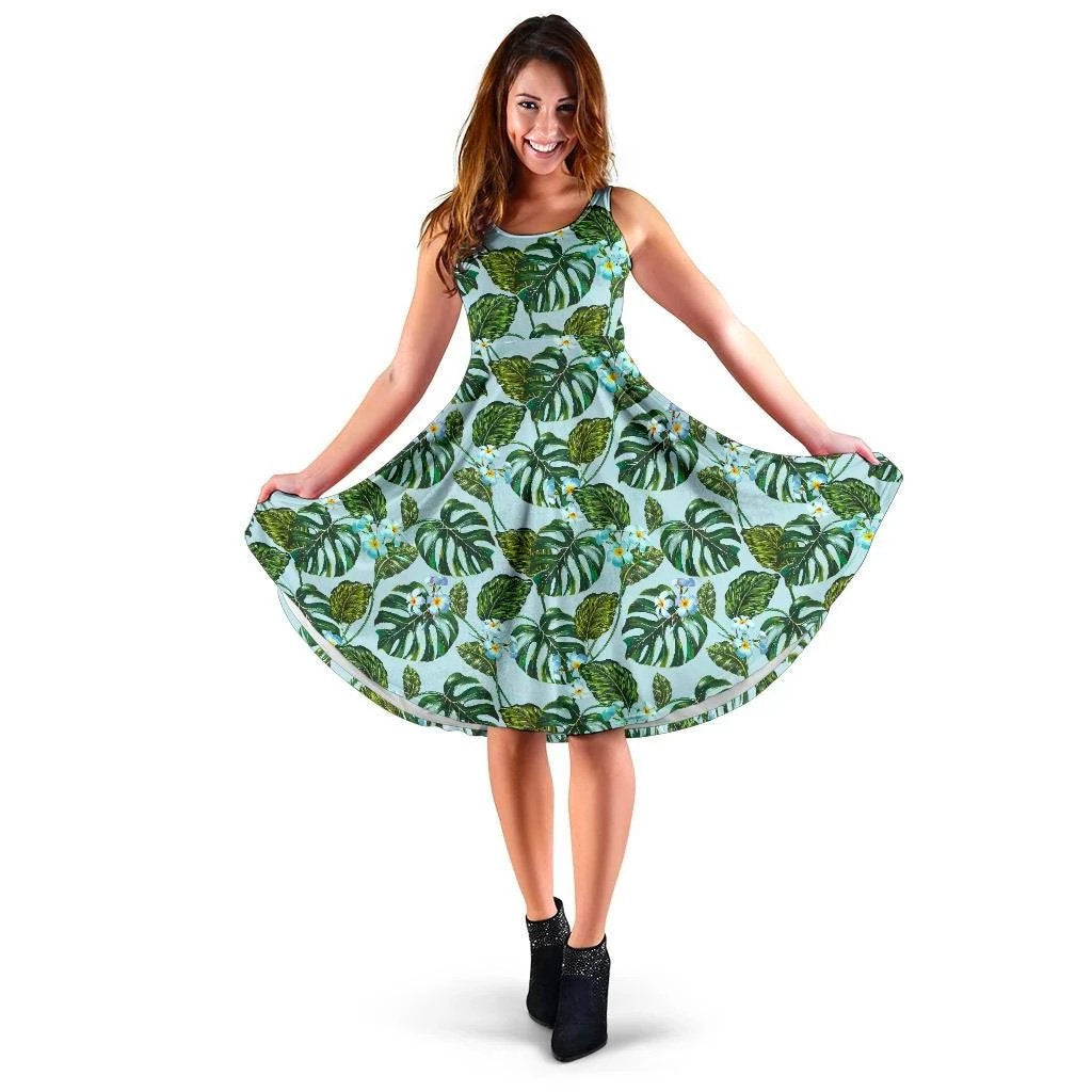 Hawaii Tropical Flowers Monstera Leaf Midi Dress Midi Dress Blue - Polynesian Pride