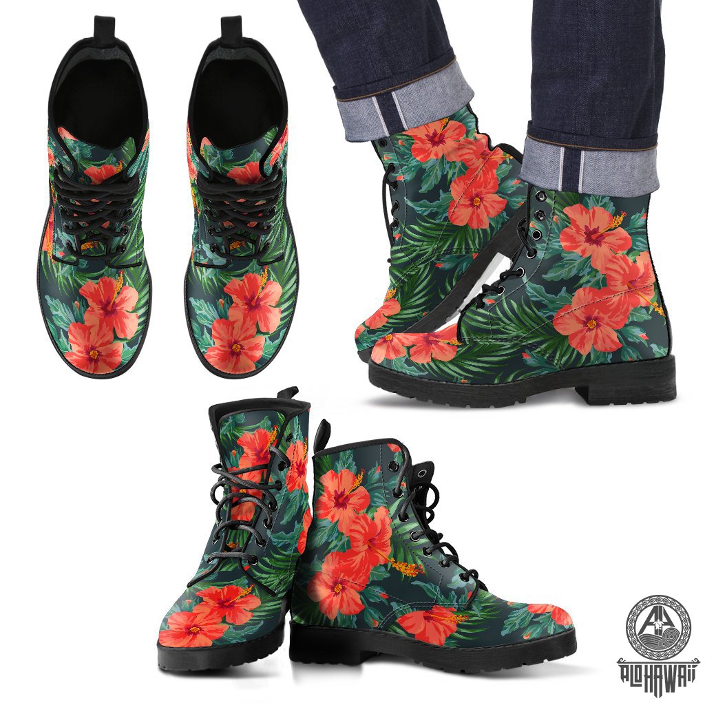 Hawaii Red Hibiscus Leather Boots Black & Green - Polynesian Pride