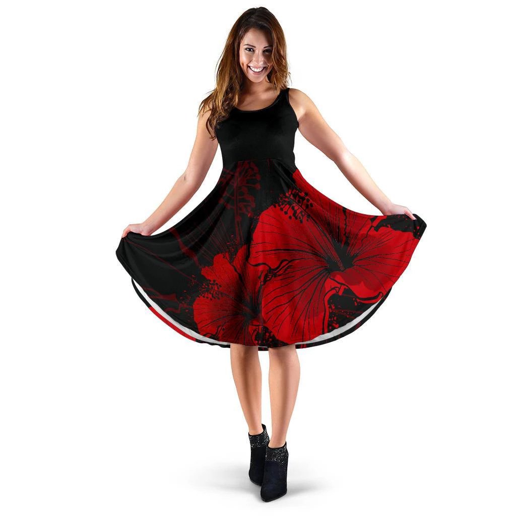 Hawaii Hibiscus Black And Red Women's Dress Midi Dress Black And Red - Polynesian Pride