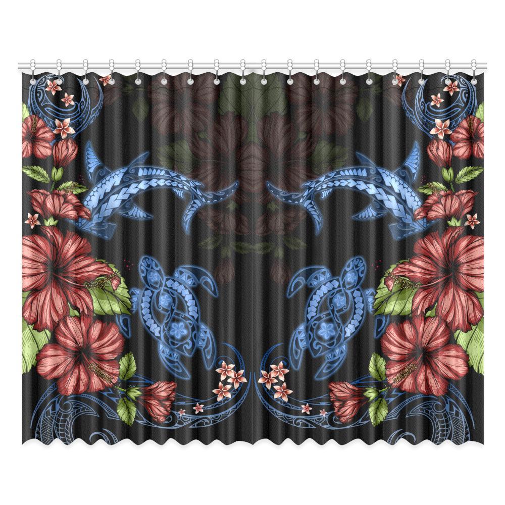 Turtle And Shark With Hibiscus Window Curtain ( Two Piece) One Size 52"x84"(Two Pieces) Black - Polynesian Pride