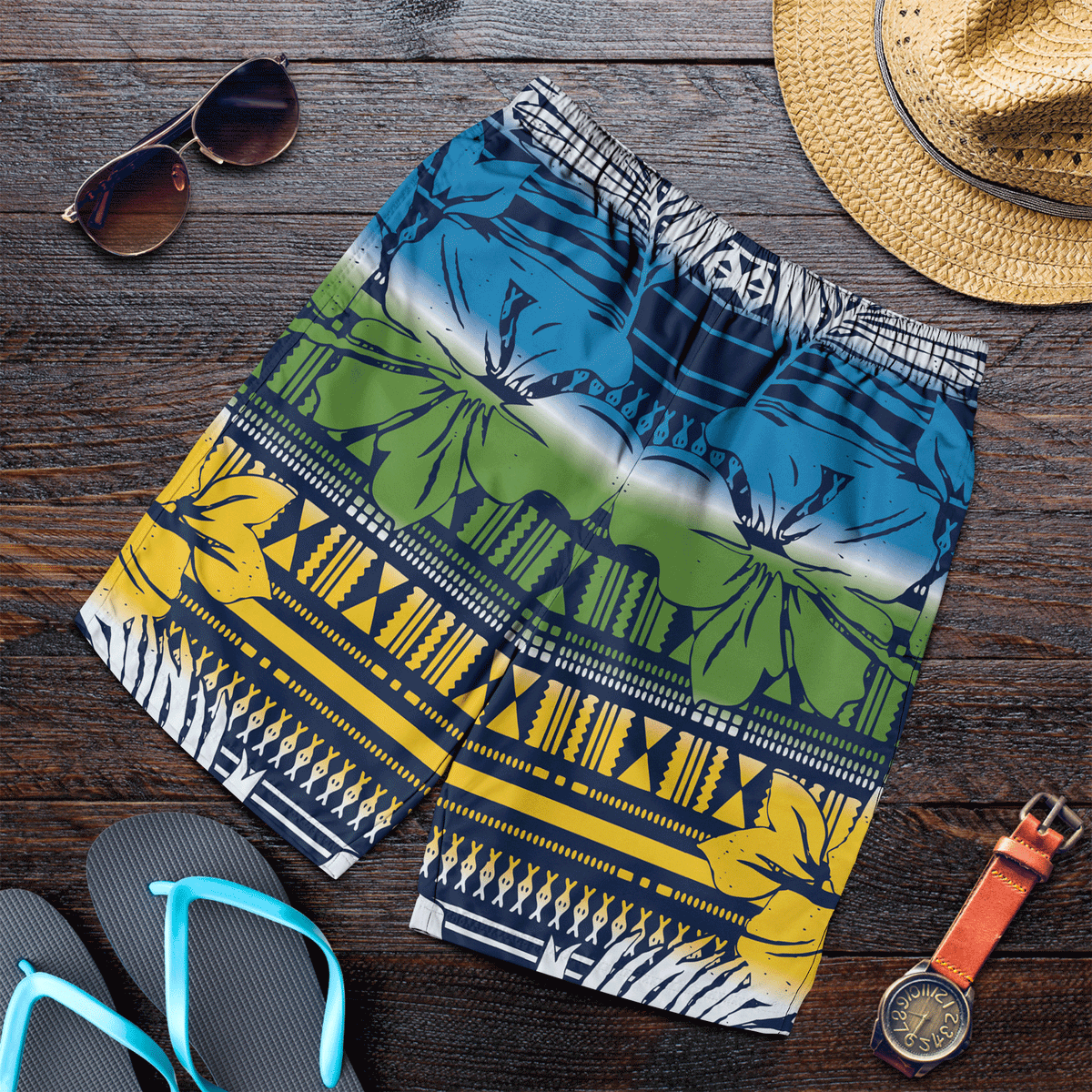 Polynesian Shorts for Men - Hibiscus Flower Tribal Fabric - Polynesian Pride