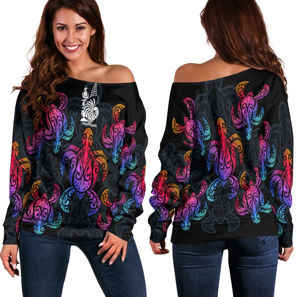 New Caledonia Women's Off Shoulder Sweaters - Sea Turtle In Tribal Polynesian Style Black - Polynesian Pride