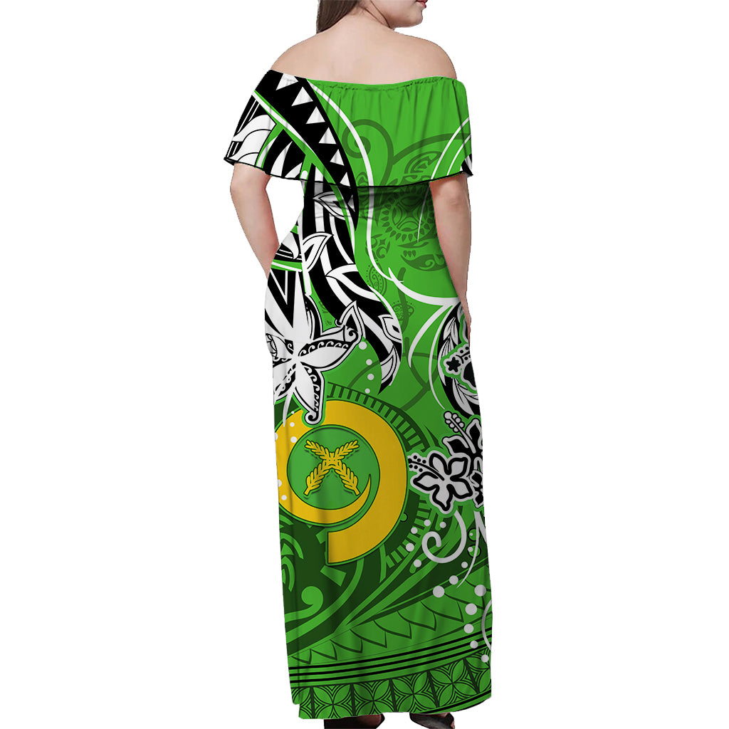 Vanuatu Color Off Shoulder Long Dress Pig Tusk Version Green LT13 - Polynesian Pride