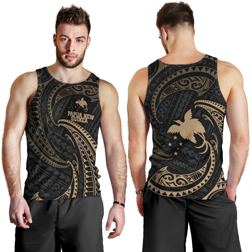 Papua New Guinea Polynesian Men's Tank Top - Gold Tribal Wave Black - Polynesian Pride