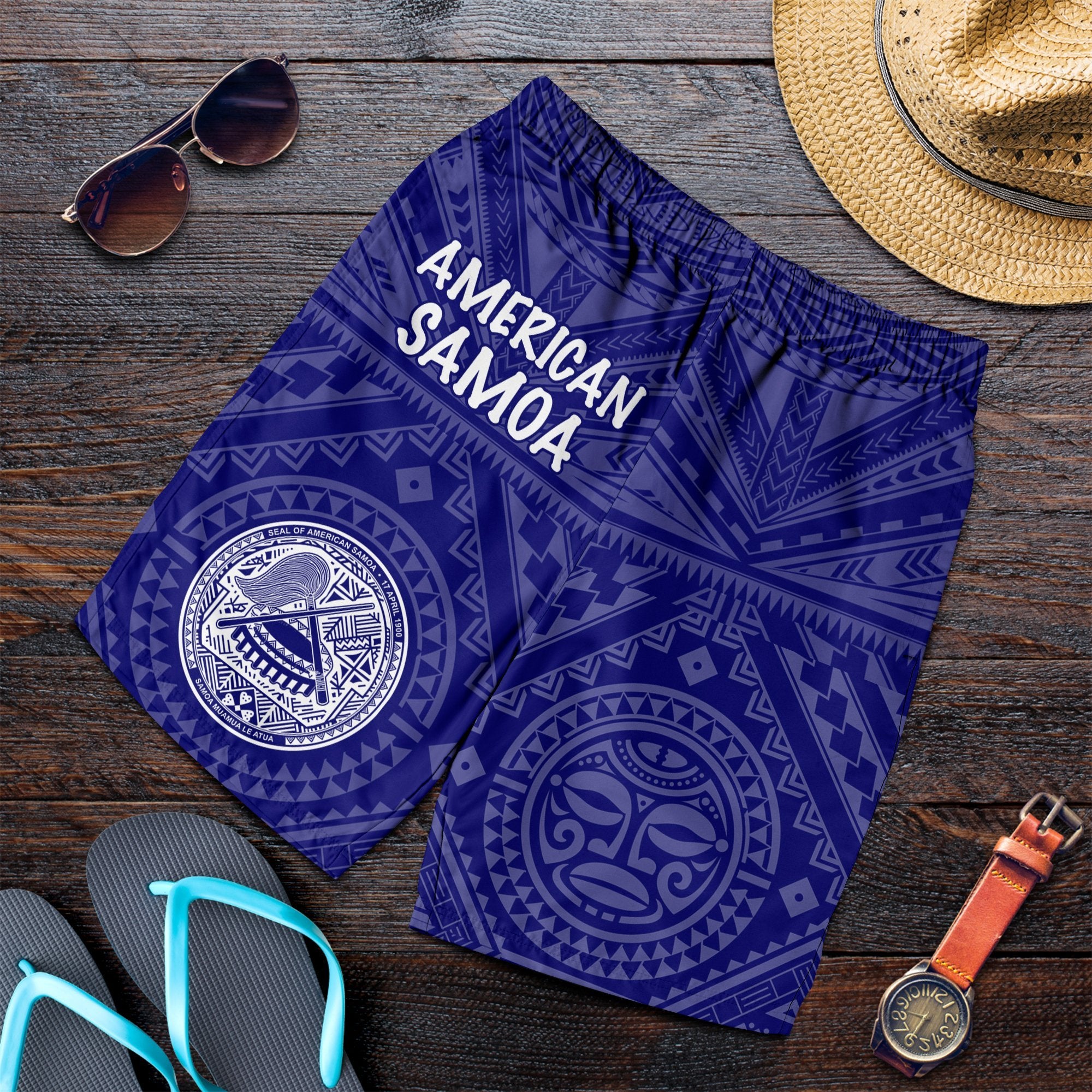 American Samoa Men's Short - Seal In Polynesian Tattoo Style ( Blue) - Polynesian Pride