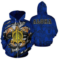 Hawaiian Aloha Turtle Polynesian Blue Zip up Hoodie Unisex Blue - Polynesian Pride