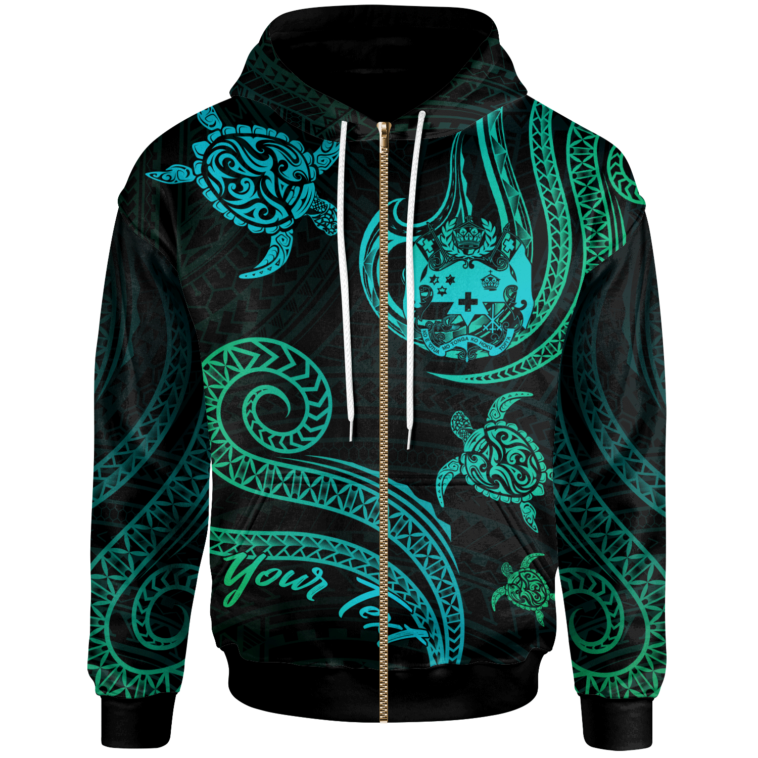 Tonga Custom Zip Hoodie Polynesian Turtle With Pattern Unisex Blue Green - Polynesian Pride