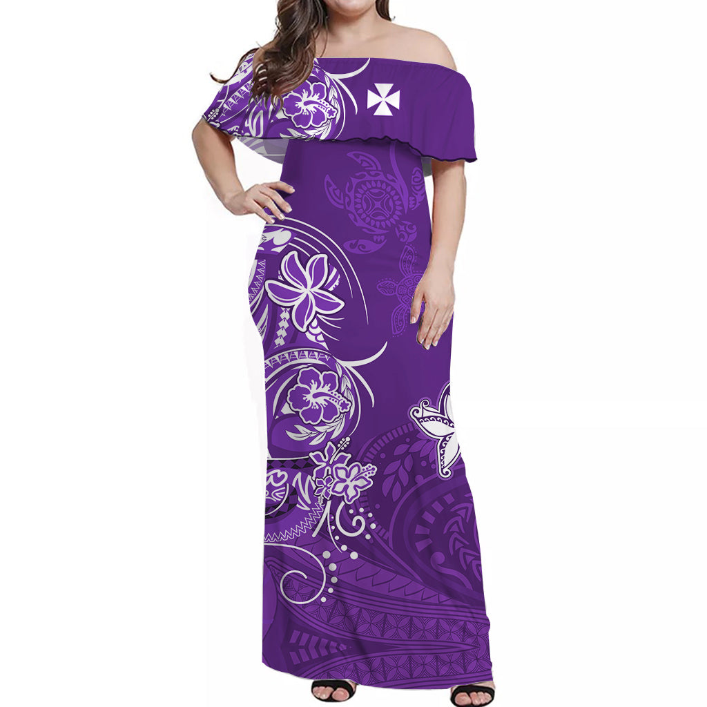 (Custom Personalised) Wallis et Futuna Off Shoulder Long Dress Polynesia Purple Sea Turtle and Flowers LT13 Women Purple - Polynesian Pride