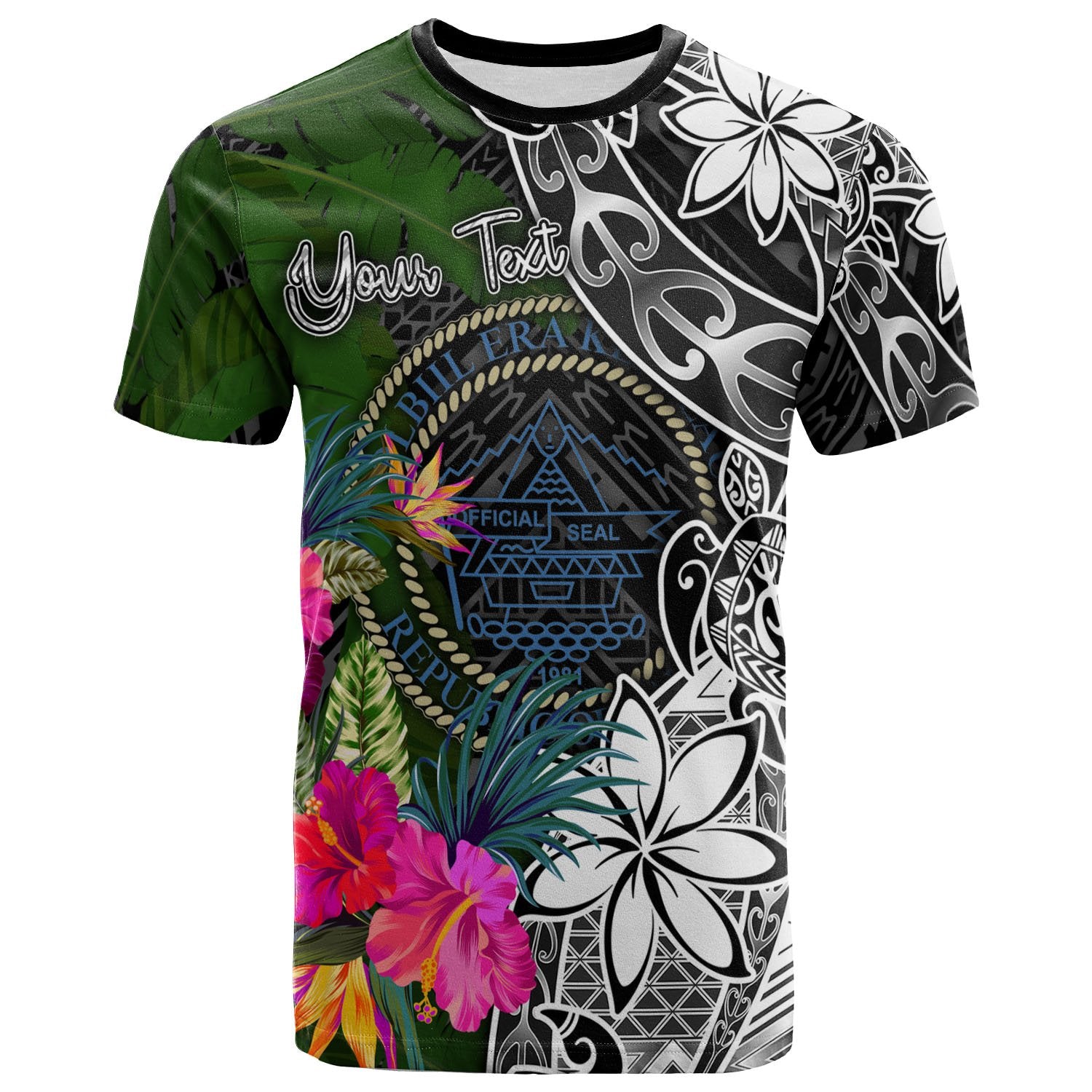 Palau Custom T Shirt Turtle Plumeria Banana Leaf Crest Unisex Black - Polynesian Pride