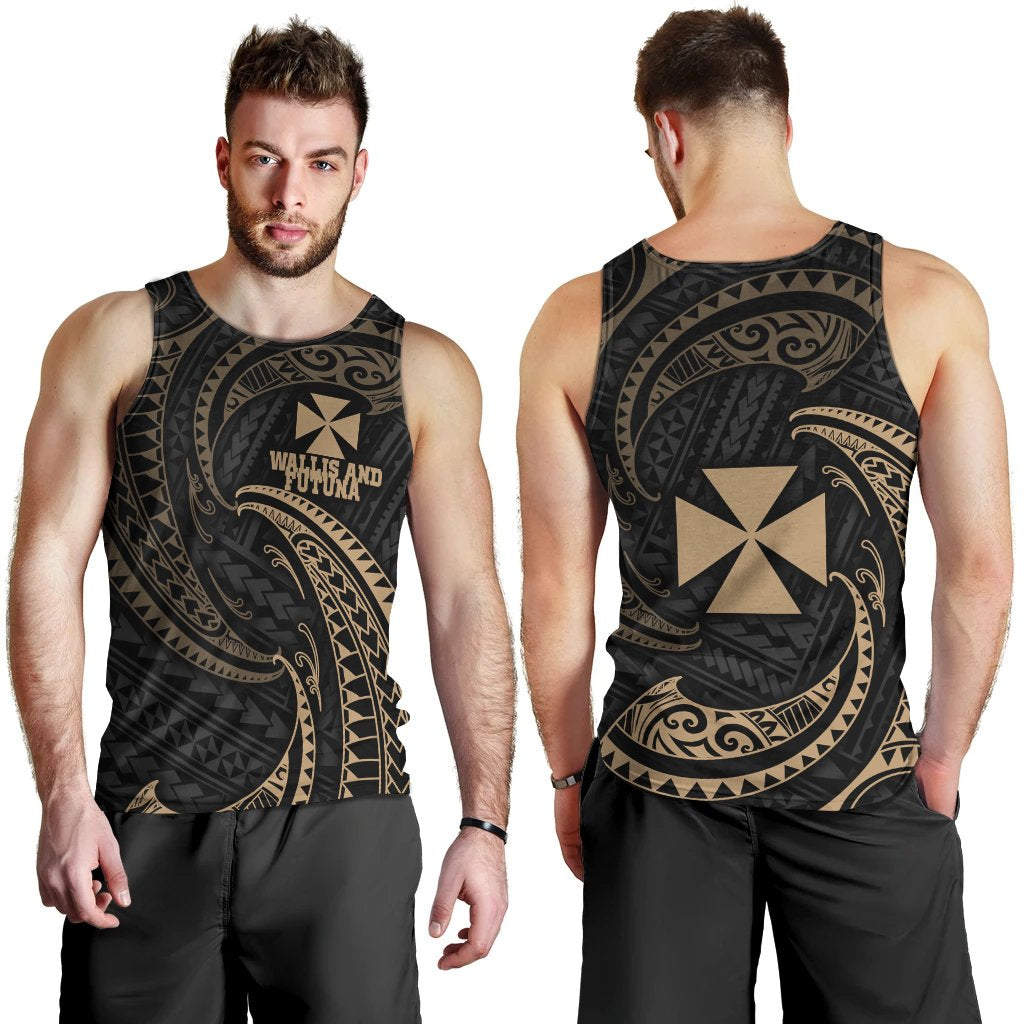 Wallis And Futuna Polynesian Men's Tank Top - Gold Tribal Wave Black - Polynesian Pride