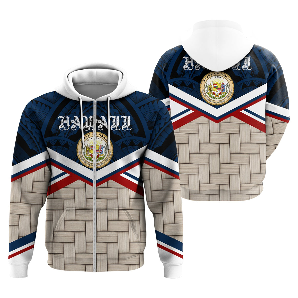 Hawaii Lauhala Coat of Arms Zip Hoodie Unisex Blue - Polynesian Pride