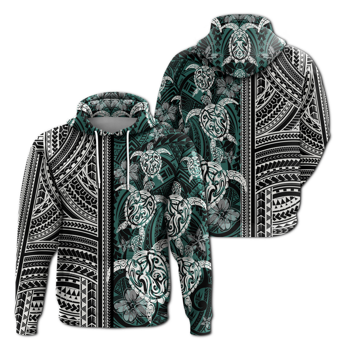 Polynesian Hoodie Turtle With Ethnic Motives and Floral Elements LT20 Unisex Green - Polynesian Pride