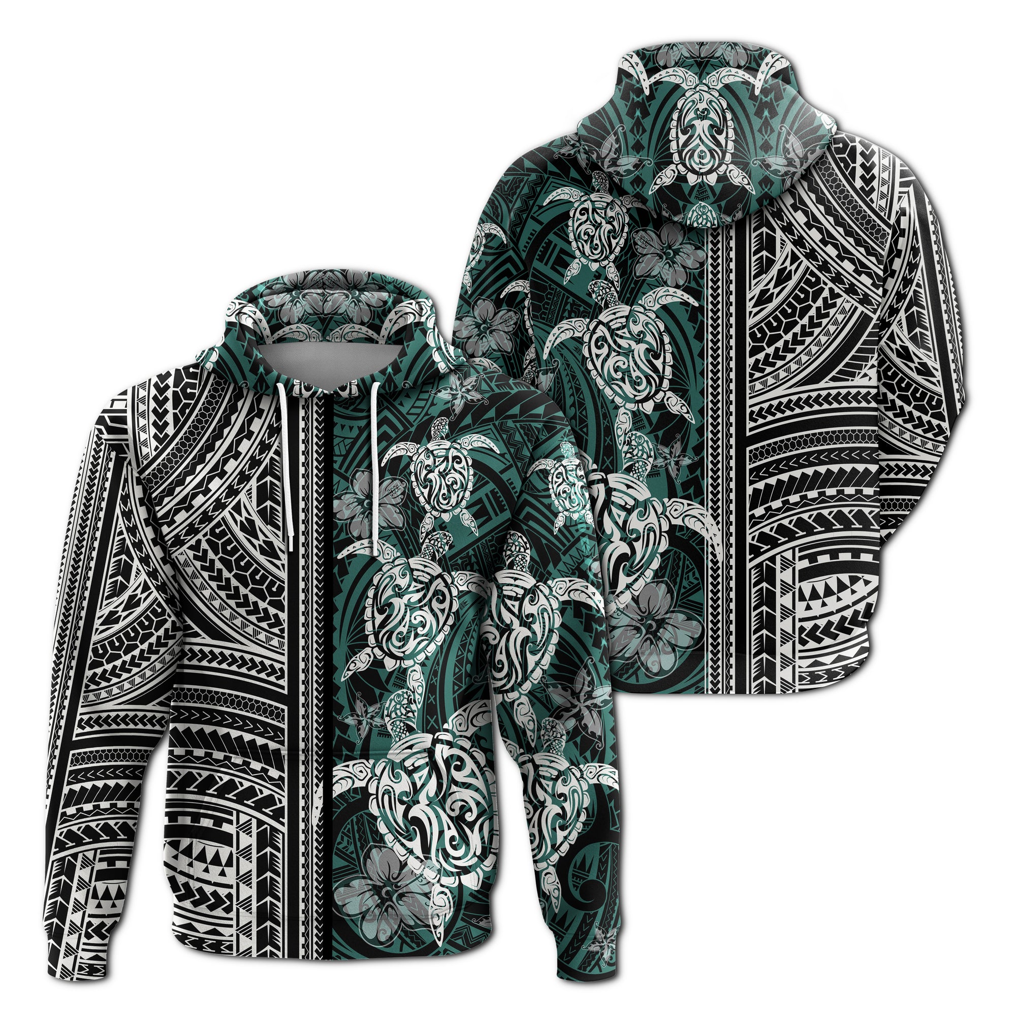 Polynesian Hoodie Turtle With Ethnic Motives and Floral Elements LT20 Unisex Green - Polynesian Pride