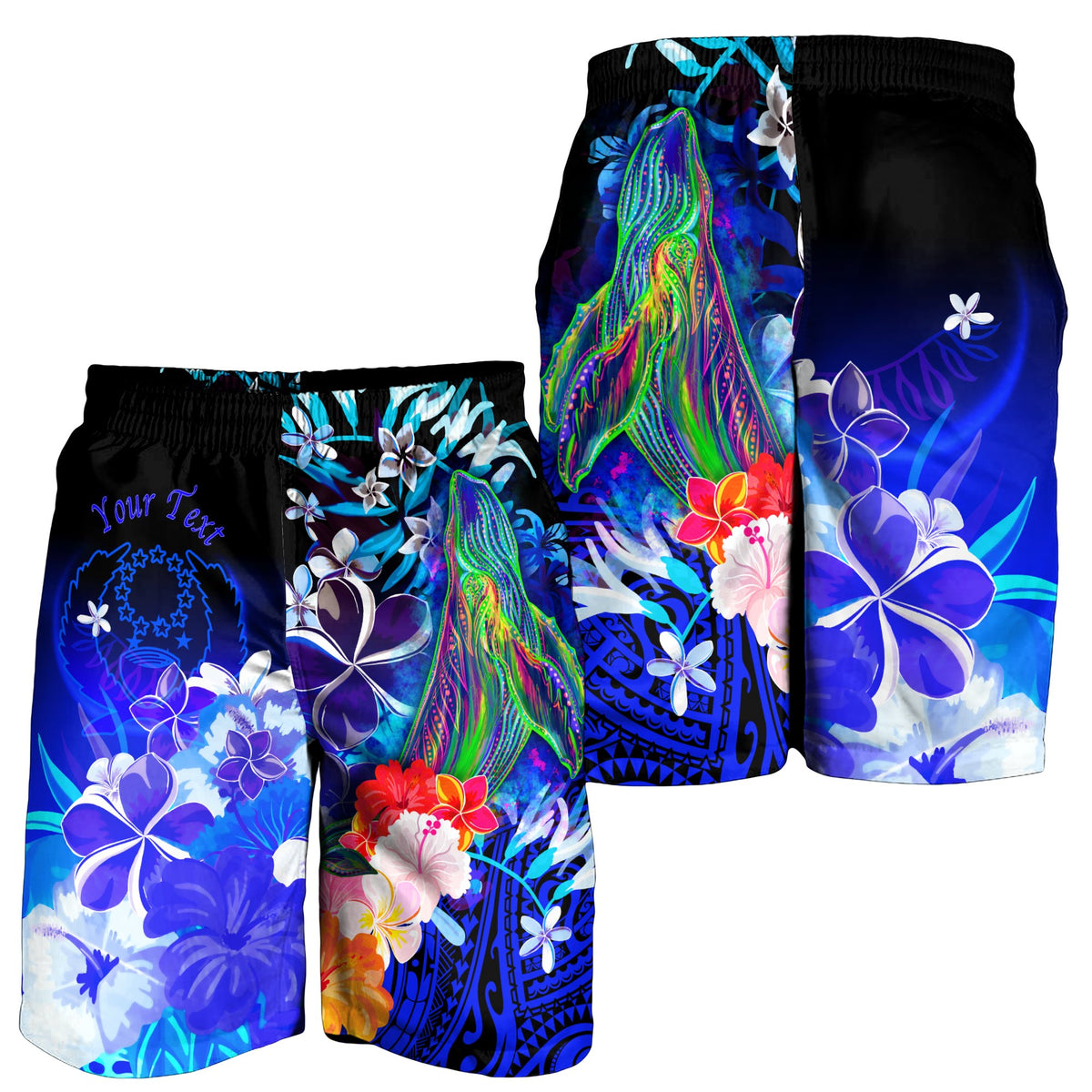 Pohnpei Custom Personalised Men's Shorts - Humpback Whale with Tropical Flowers (Blue) - Polynesian Pride