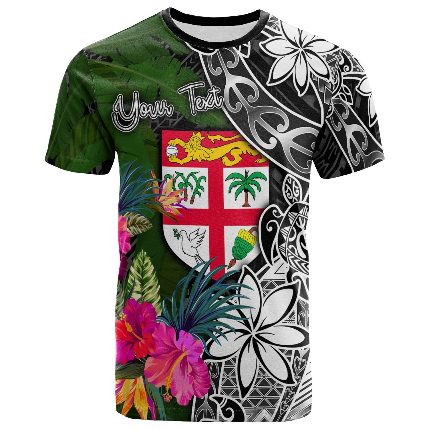 Fiji Custom T Shirt Turtle Plumeria Banana Leaf Unisex Black - Polynesian Pride