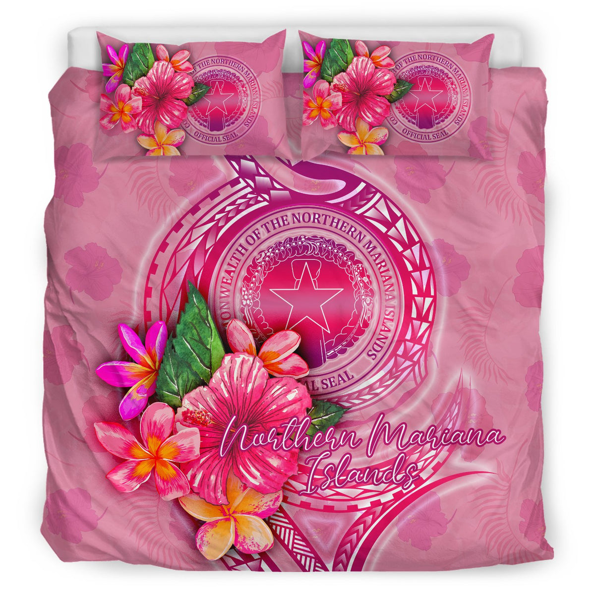 Northern Mariana Islands Polynesian Bedding Set - Floral With Seal Pink - Polynesian Pride