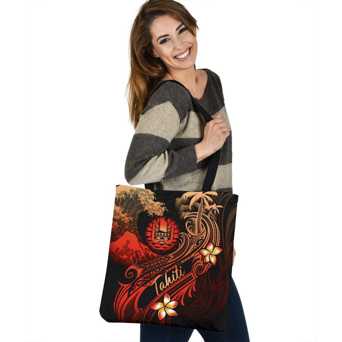 Tahiti Polynesian Tote Bag - Plumeria Flowers And Waves Tote Bag One Size Red - Polynesian Pride