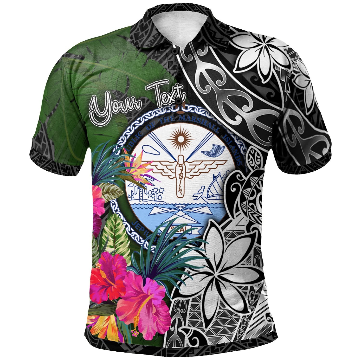 Marshall Island Custom Polo Shirt Turtle Plumeria Banana Leaf Crest Unisex Black - Polynesian Pride