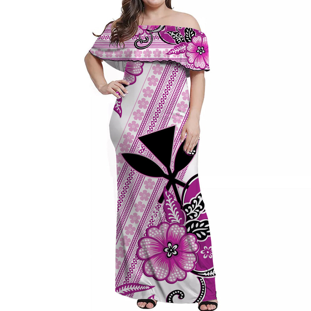 Hawaii Off Shoulder Long Dress Kakau Tribal Pink Batik Floral Ver.02 LT13 Women Pink - Polynesian Pride