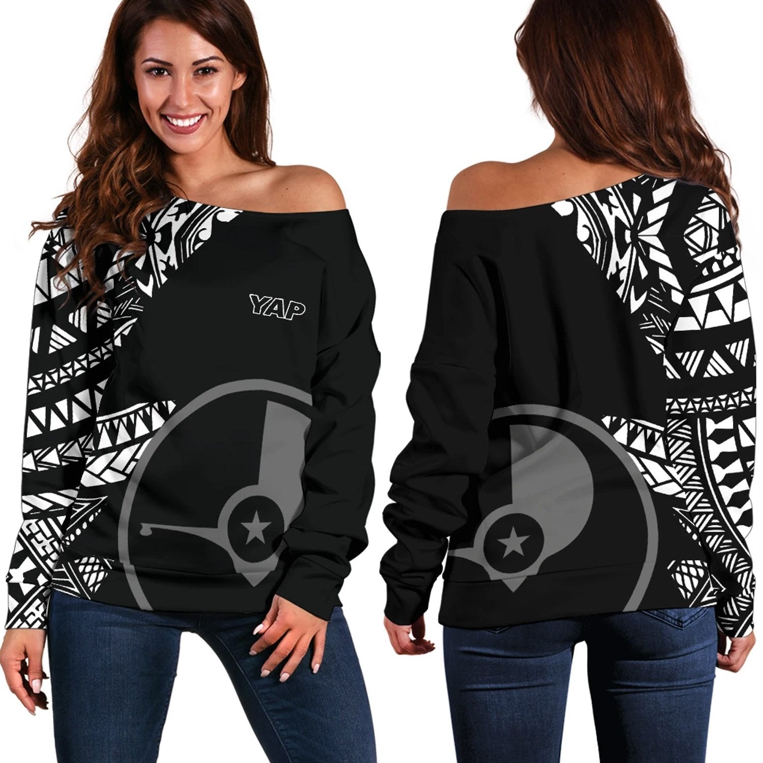 Yap Women's Off Shoulder Sweater - Micronesian Pattern Flash Black Black - Polynesian Pride