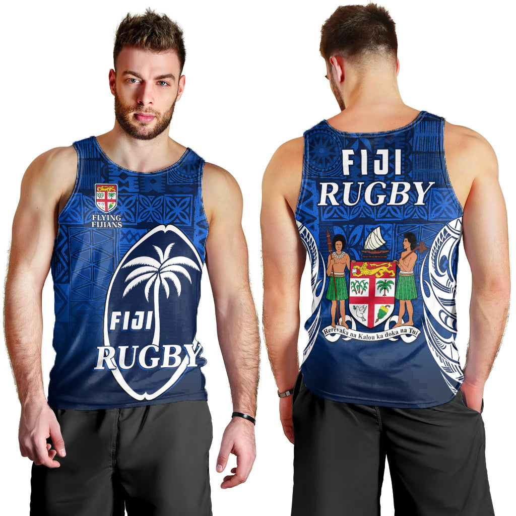 Fiji Rugby Men Tank Top Flying Fijians Blue Tapa Pattern LT13 Blue - Polynesian Pride