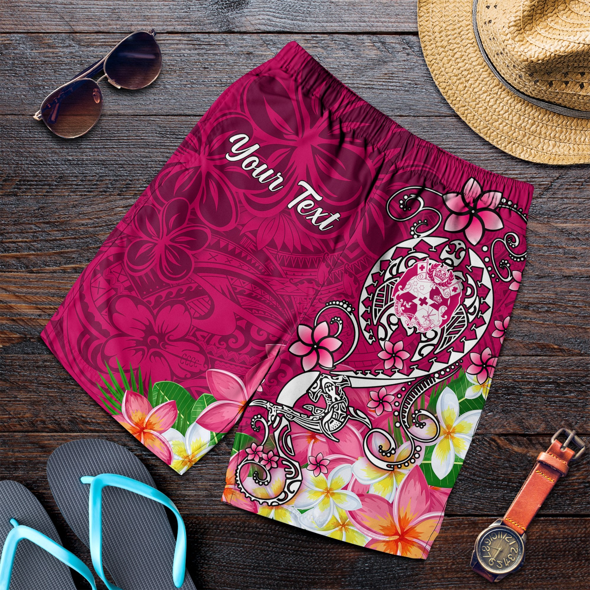 Tonga Custom Personalised Men's Shorts - Turtle Plumeria (PINK) Pink - Polynesian Pride