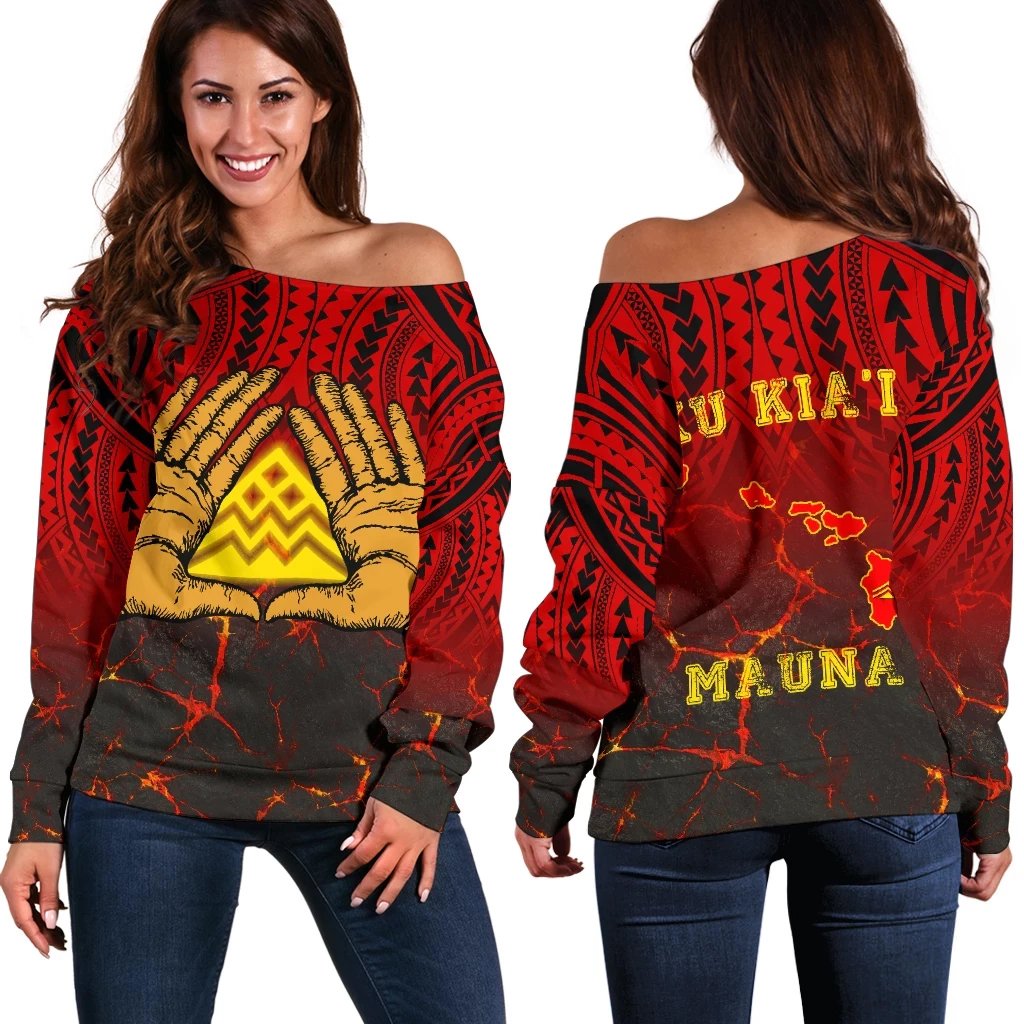 Hawaii Women's Off Shoulder Sweater - Protect Mauna Kea Red - Polynesian Pride