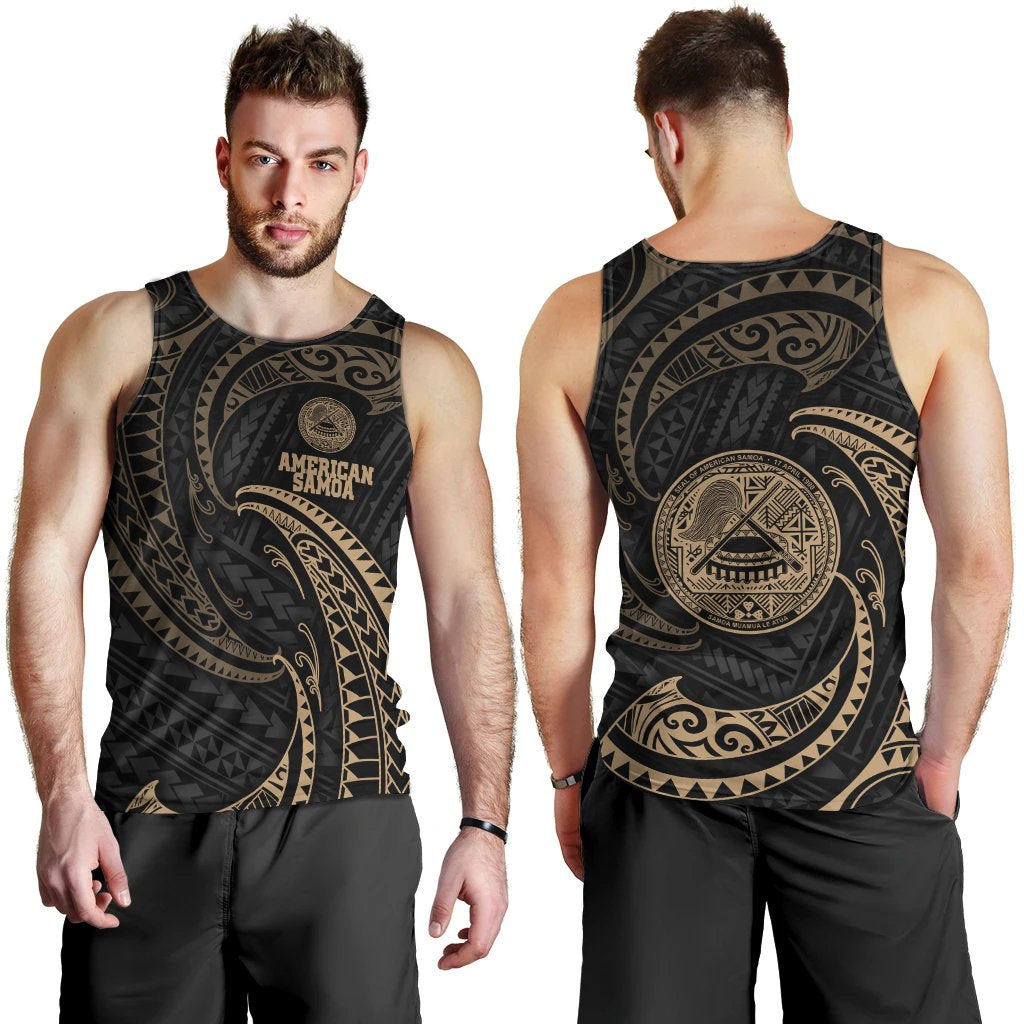 American Samoa Polynesian Men's Tank Top - Gold Tribal Wave Black - Polynesian Pride