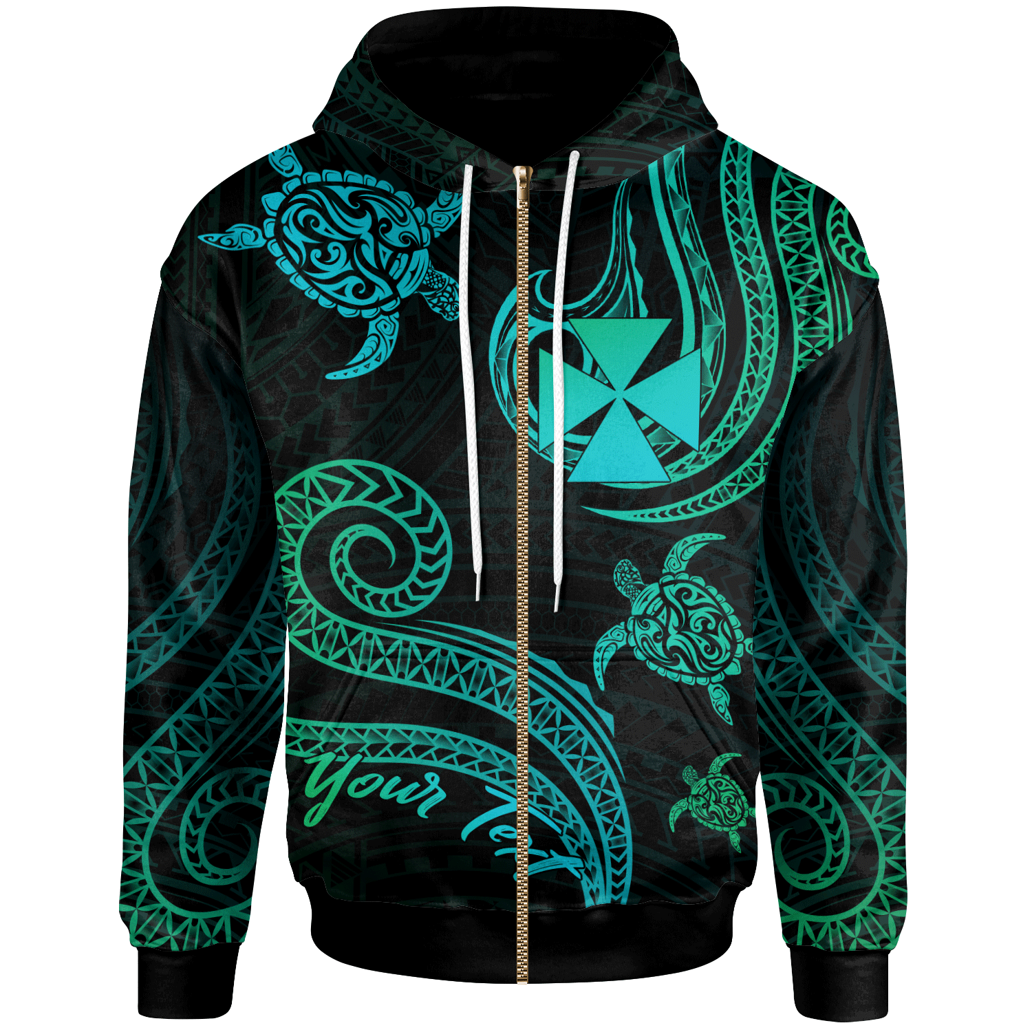 Wallis and Futuna Custom Zip Hoodie Polynesian Turtle With Pattern Unisex Blue Green - Polynesian Pride