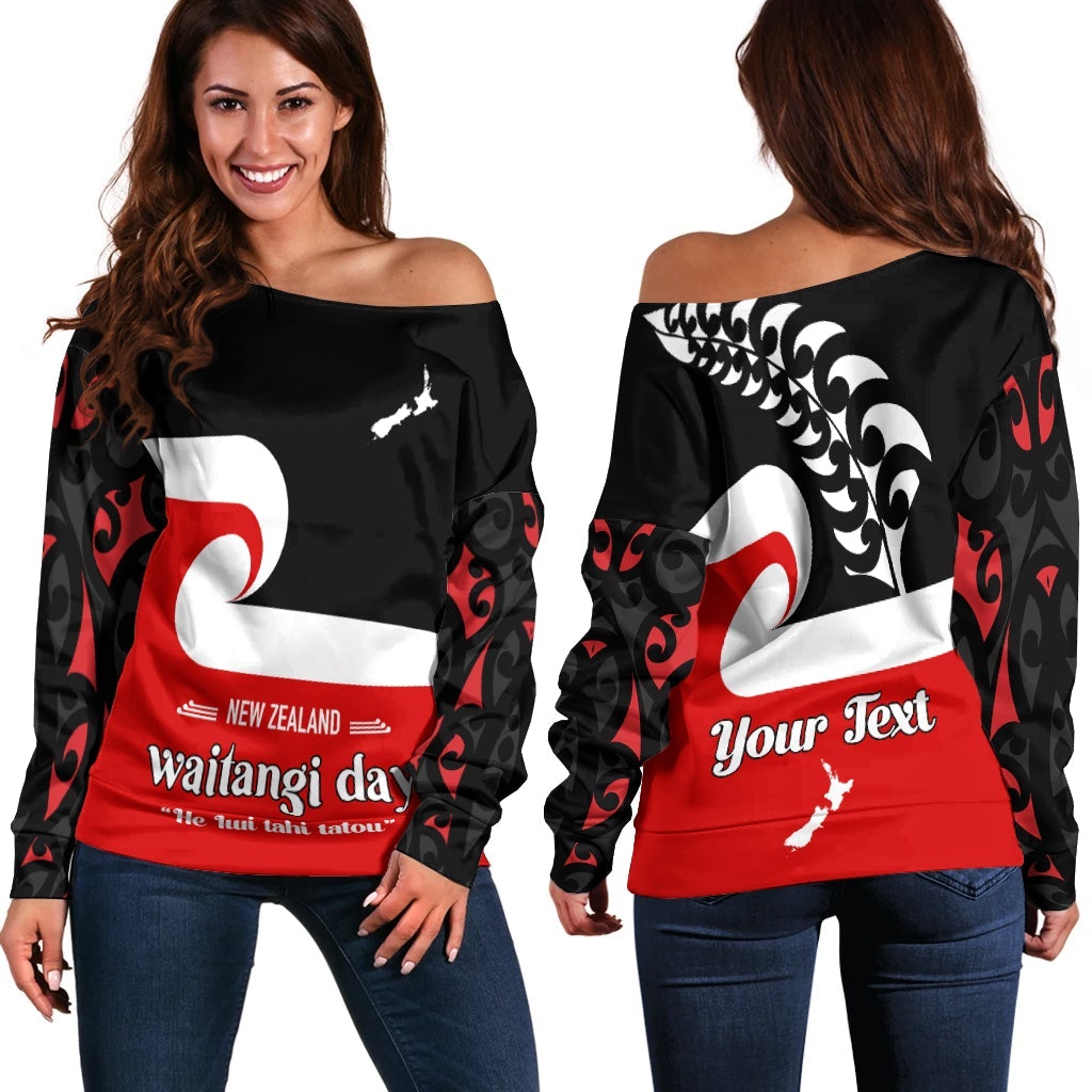 (Custom Personalised) Waitangi Day Off Shoulder Sweater Maori Fern and Tino Rangatiratanga Flag LT13 Black - Polynesian Pride